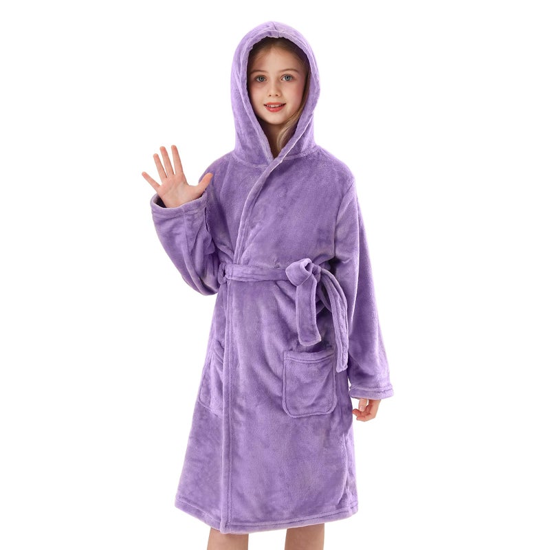 V.&GRIN Girls Fleece Robe, Plush Hooded Soft Fuzzy Warm Fluffy Bathrobe for Kids 5-14 Yearsï¼ˆLavender Purple 7-8 - Image 1